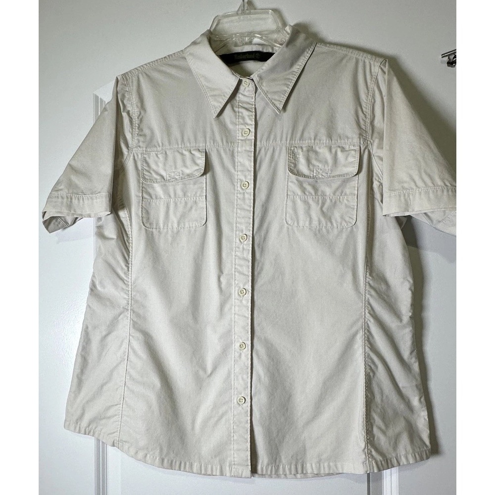 "Timberland" Shirt Men's XL Beige Short Sleeve Outdoor Vent Mesh Pockets Utility